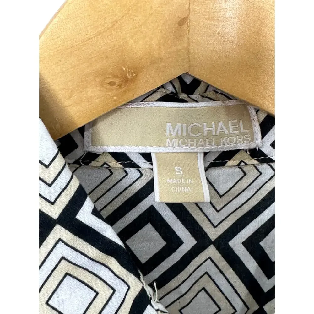 Michael Kors Black & Tan Geometric Print Retro Look Button-Up Shirt Womens Small